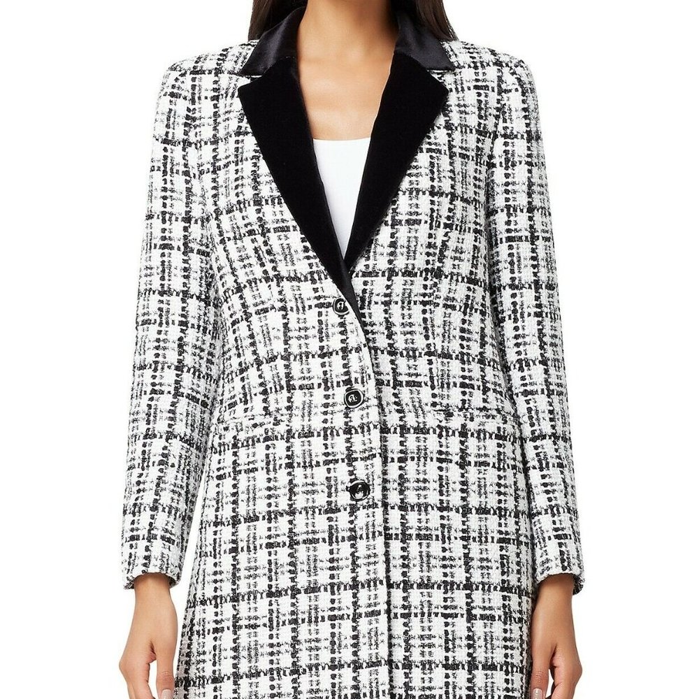 NWT Tahari Women's White Plaid Velvet-Collared Lapel Boucle Topper Jacket Size14